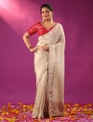 Silver silk festive ready saree with red blouse for women