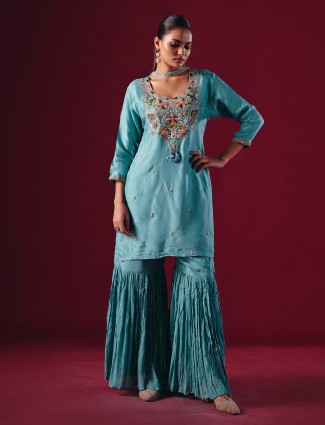 Sky blue silk pakistani sharara suit with dupatta