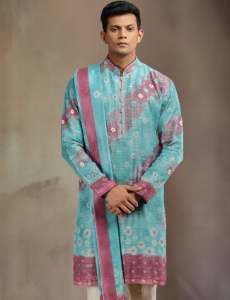 Aqua printed boho silk kurta pajama with dupatta for men