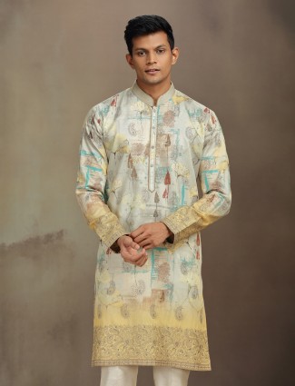 Beige and yellow printed cotton tissue silk kurta pajama