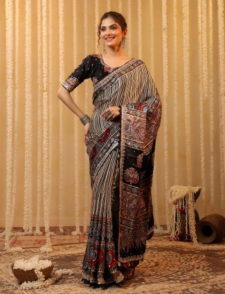 Beige printed cotton silk saree with resham work for women