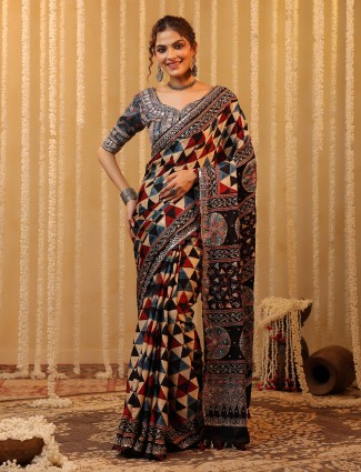 Black cotton silk printed saree for women festive wear