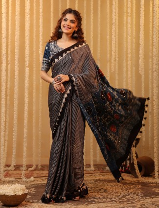 Black cotton silk printed saree with mirror work for women