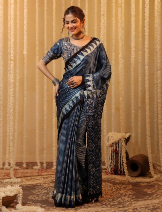 Blue printed cotton silk saree for festival wear