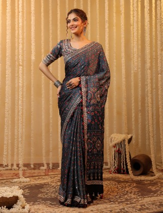 Blue printed festive wear saree in cotton silk for women