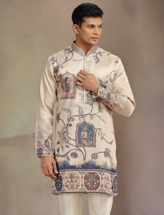 Cream tusser silk printed festive kurta pajama