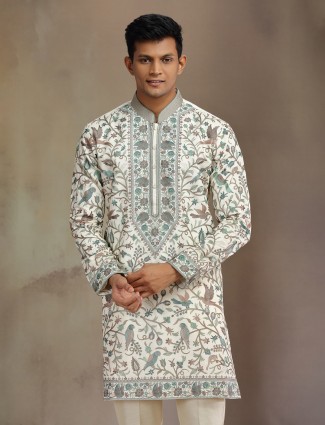 Cream premium silk kurta suit with sequins and embroidery for men