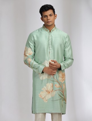 Mint green printed kurta suit with in tusser silk for men