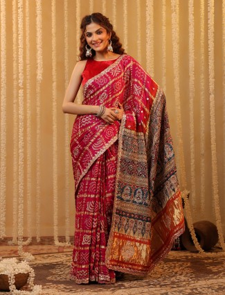 Pink elegant bandhej silk saree for wedding