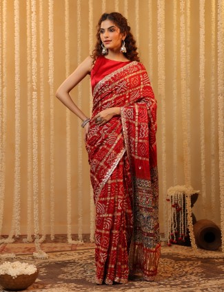 Red wedding wear bandhej silk saree with print for women