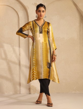 Beige V-neck printed silk kurti set