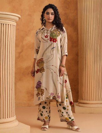 Beige collar neck silk palazzo kurti set for women