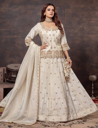 Beige tissue silk lehenga choli with classic round neck