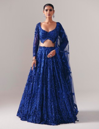 Blue net lehenga with cutdana sequins sparkle