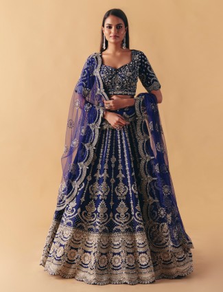 Blue raw silk lehenga with zardosi resham detailing