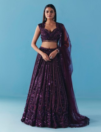 Dark purple net lehenga choli with dupatta
