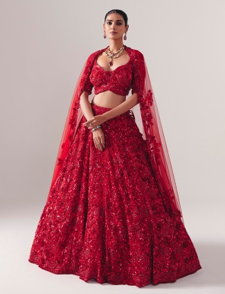Maroon net lehenga with sequins cutdana gleam