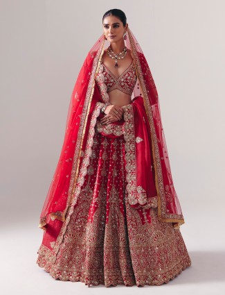 Maroon silk lehenga with resham and diamond detail