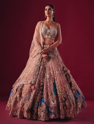 Onion pink net lehenga with diamond beads sparkle