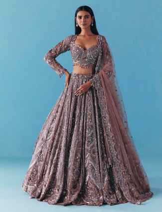 Onion pink net lehenga with diamond bead sparkle