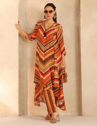 Orange casual wear silk kurti set