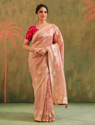 Peach zari worked silk saree wedding collection for women