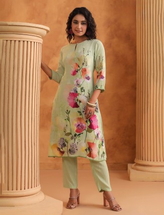 Pista green casual printed silk kurti set