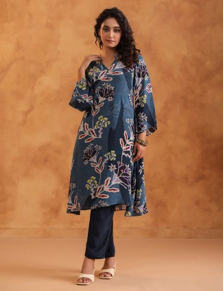 Rama blue printed silk kurti set for women
