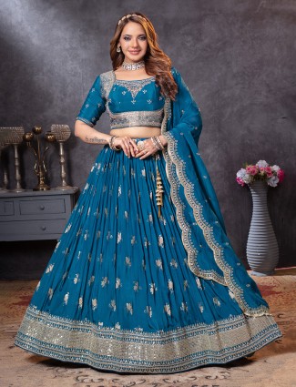 Rama blue georgette lehenga choli with graceful dupatta