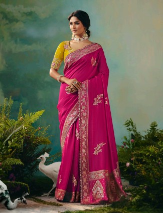 Vibrant rani pink viscose dola silk saree