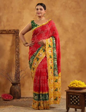 Red silk saree crafted with sequins artistry