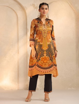 Yellow and black printed silk kurti set for women