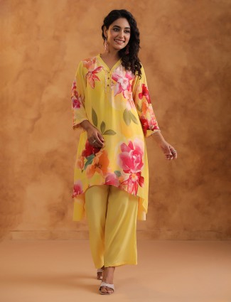 Yellow printed silk palazzo kurti set for women