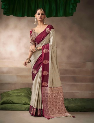 Beige & marron satin silk saree with classic detailing