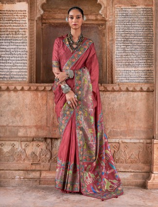Brown printed silk saree for women