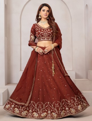 Brown raw silk lehenga choli for evening celebrations