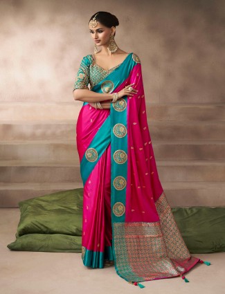 Vibrant magenta satin silk saree