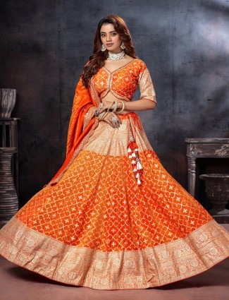 Orange zardosi tissue silk lehenga choli with elbow sleeves