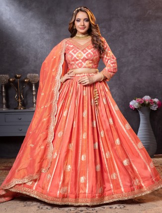 Peach tissue silk lehenga choli with resham work
