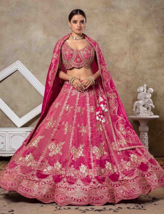 Rani pink sleeveless lehenga choli with zardosi embellishment
