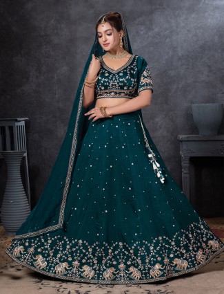 Teal blue lehenga choli with traditional zardosi work