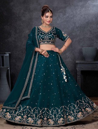 Teal blue raw silk lehenga choli for bridal weddings