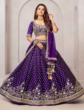 Dark purple raw silk party wear lehenga choli ensemble