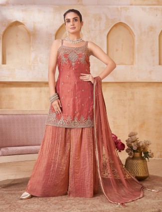 Peach embellished silk palazzo salwar suit