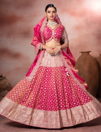 Pink tissue silk lehenga choli with wedding zardosi detailing