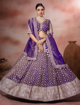 Purple tissue silk lehenga choli with traditional zardosi work