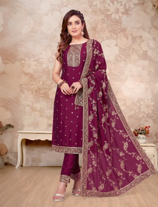 Wine zari embroidered silk salwar suit