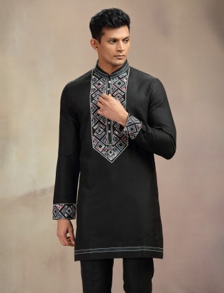 Black silk embroidery worked kurta pajama
