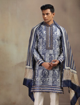 Blue silk printed kurta pajama with dupatta