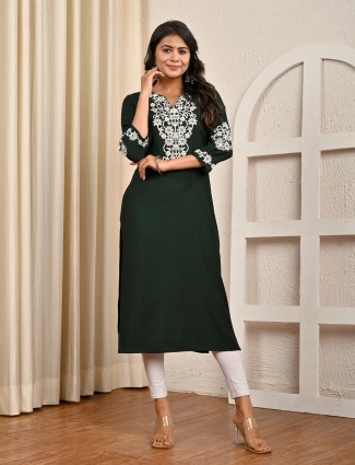 Bottle green cotton silk thread work kurti